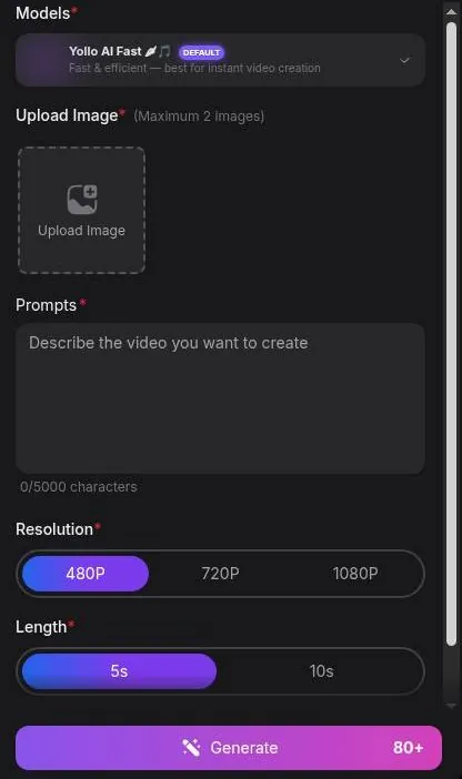 Yollo AI image to video form with resolution and length options