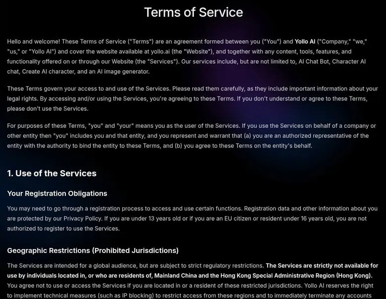 Yollo AI terms of service page with registration age and geographic restriction clauses