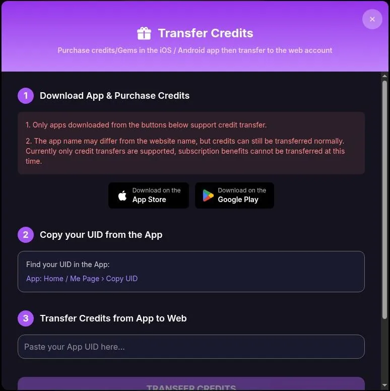 Yollo AI transfer credits dialog with app store buttons and a UID field